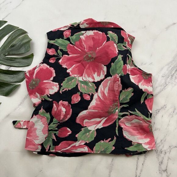 St Johns Bay Womens Vintage Y2k Wrap Crop Top Size L Black Pink Floral Tie Trim - Picture 6 of 9